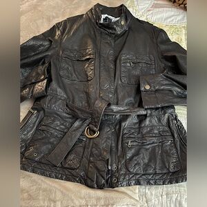 GAP Black Leather Jacket with Striped Lining